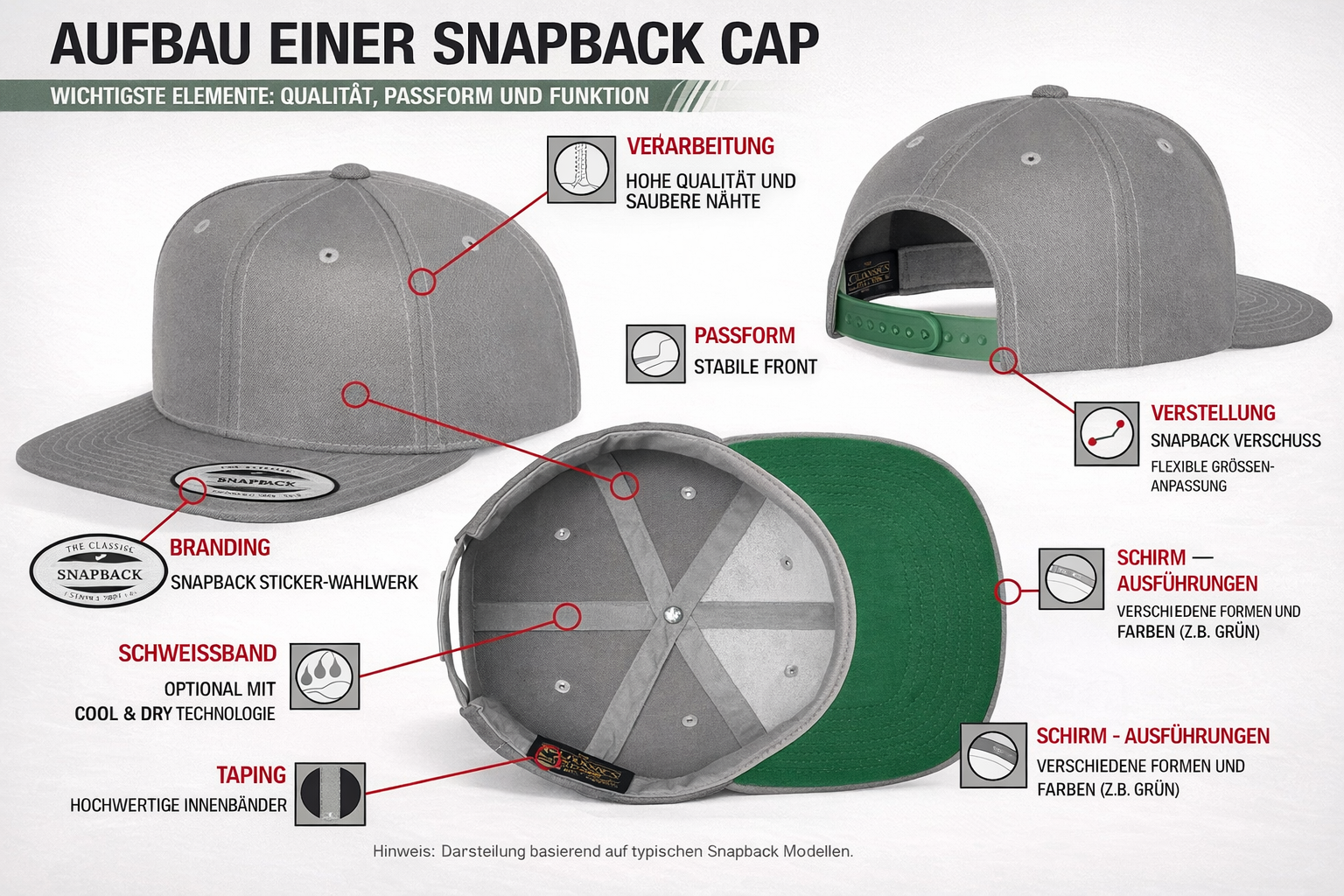 Aufbau einer Snapback Cap mit verstellbarem Verschluss, Visor und Innenstruktur